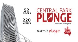 Central Park skyscraper with the words Central Park Plunge, 52 floors, 220 metres, take the plunge overlaid on the image.