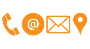 Icons depicting telephone, email, mail and location