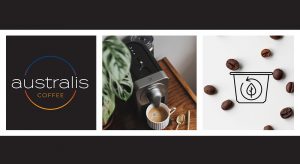 Montage showing Australis Coffee logo, coffee machine and coffee beans