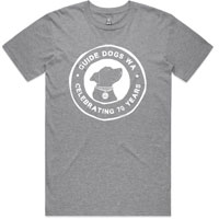 Grey mens t-shirt with white Guide Dogs WA logo