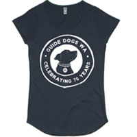Navy ladies t-shirt with white Guide Dogs WA logo
