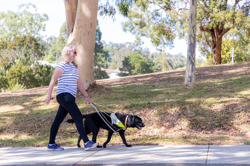 Guide Dog Handler walking along footpath with Guide Dog.