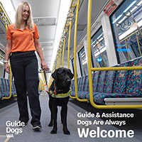 Guide-Dogs-Are-Always-Welcome-on-the-train200x200 Banner featuring a Guide Dog in harness with trainer on a train. Text reads Guide and Assistance Dogs are always welcome