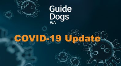 Virus graphic with Guide DOgs WA logo and text, COVID-19 Update