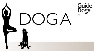 Take the Doga Challenge this August Silhouette of woman in yoga pose with dog sitting beside her. The word DOGA with the Guide Dogs logo is overlaid on the image