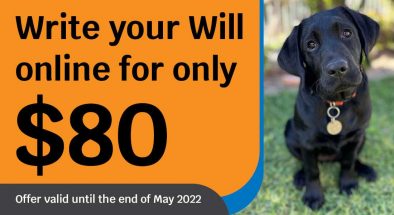 Puppy sitting on grass looking at camera. Text reads: Write your Will online for only $80. Offer valid until the end of May 2022.